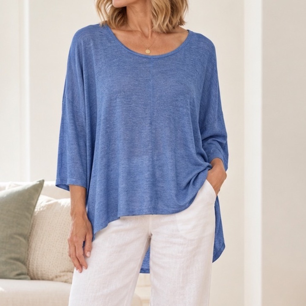 Eileen Fisher M Blue 100% Linen High Low Tunic Top Lagenlook Coastal